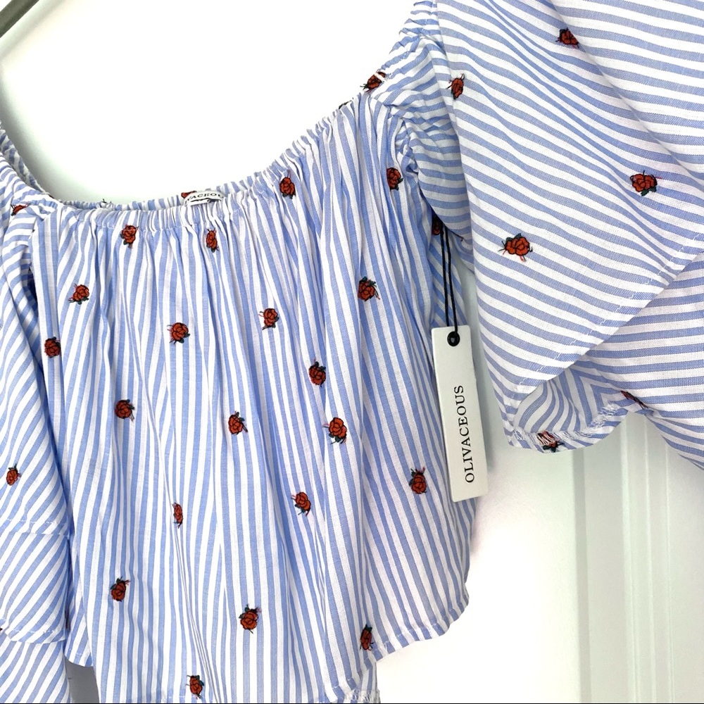 Olivaceous Crop Top BLOUSE Stripes Floral BLUE WHITE M - Picture 5 of 16